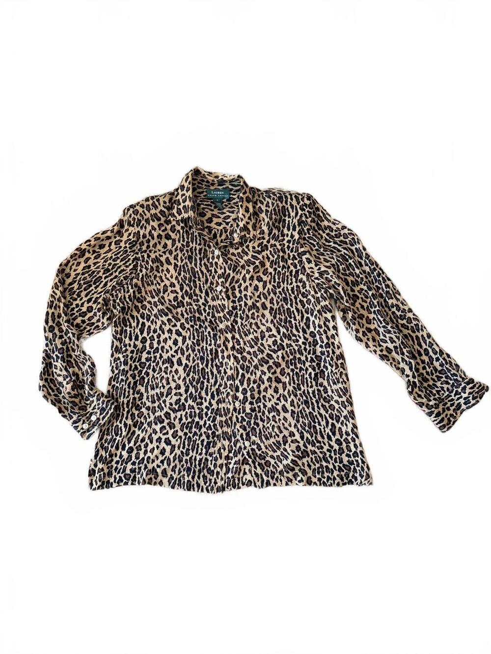 100% Silk Lauren Ralph Lauren Leopard Print Button-Up Blouse Size L 100% Silk